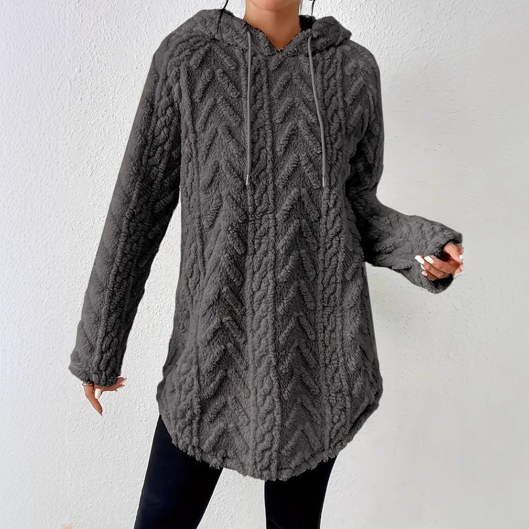 Solid Hooded Long-Sleeve Drawstring Fleece Sweater