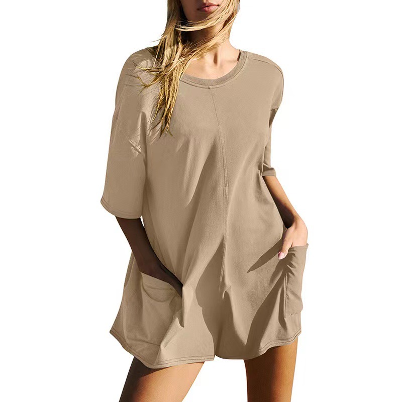 Women's Short Sleeve Open Back V-Neck Loose Casual Pocket Jumpsuit