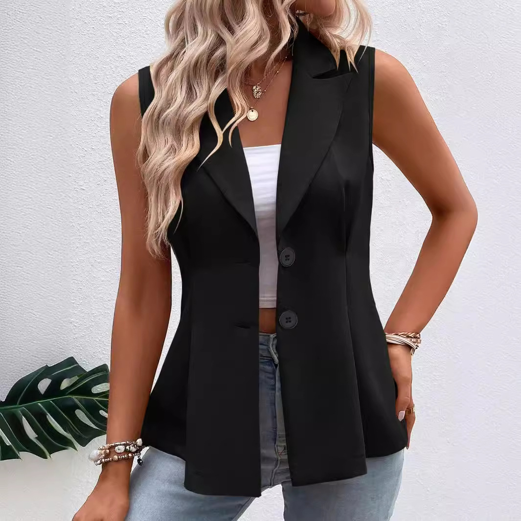Women's V-Neck Two-Button Sleeveless Blazer Vest Solid Color Slim Fit