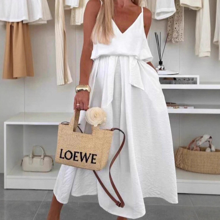 Women's Solid Color Bow Tie Sleeveless Cami Maxi Dress