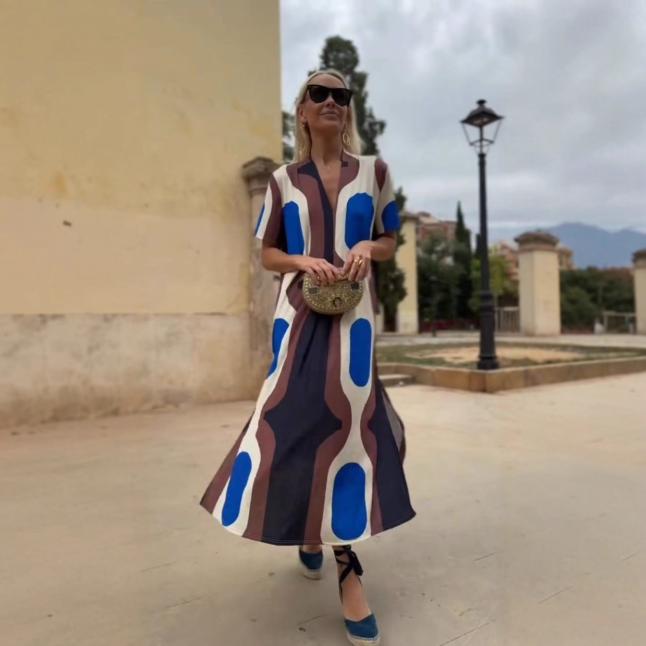 Women's V-Neck A-Line Midi Dress Loose Fit Vacation Style