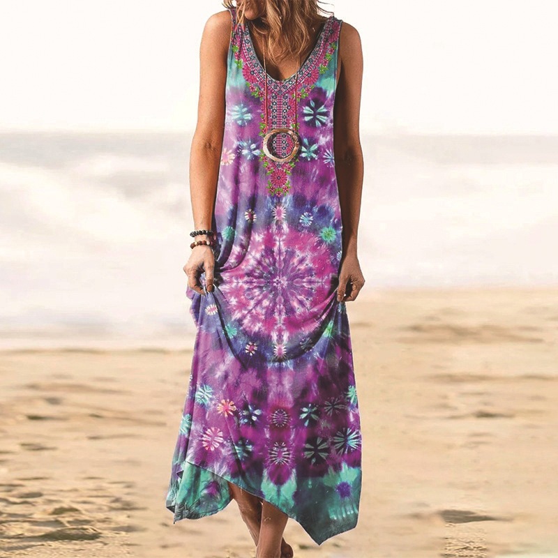 Vintage Spiral Tie-Dye Print Sleeveless Maxi Dress with Embroidered Neckline Loose Fit