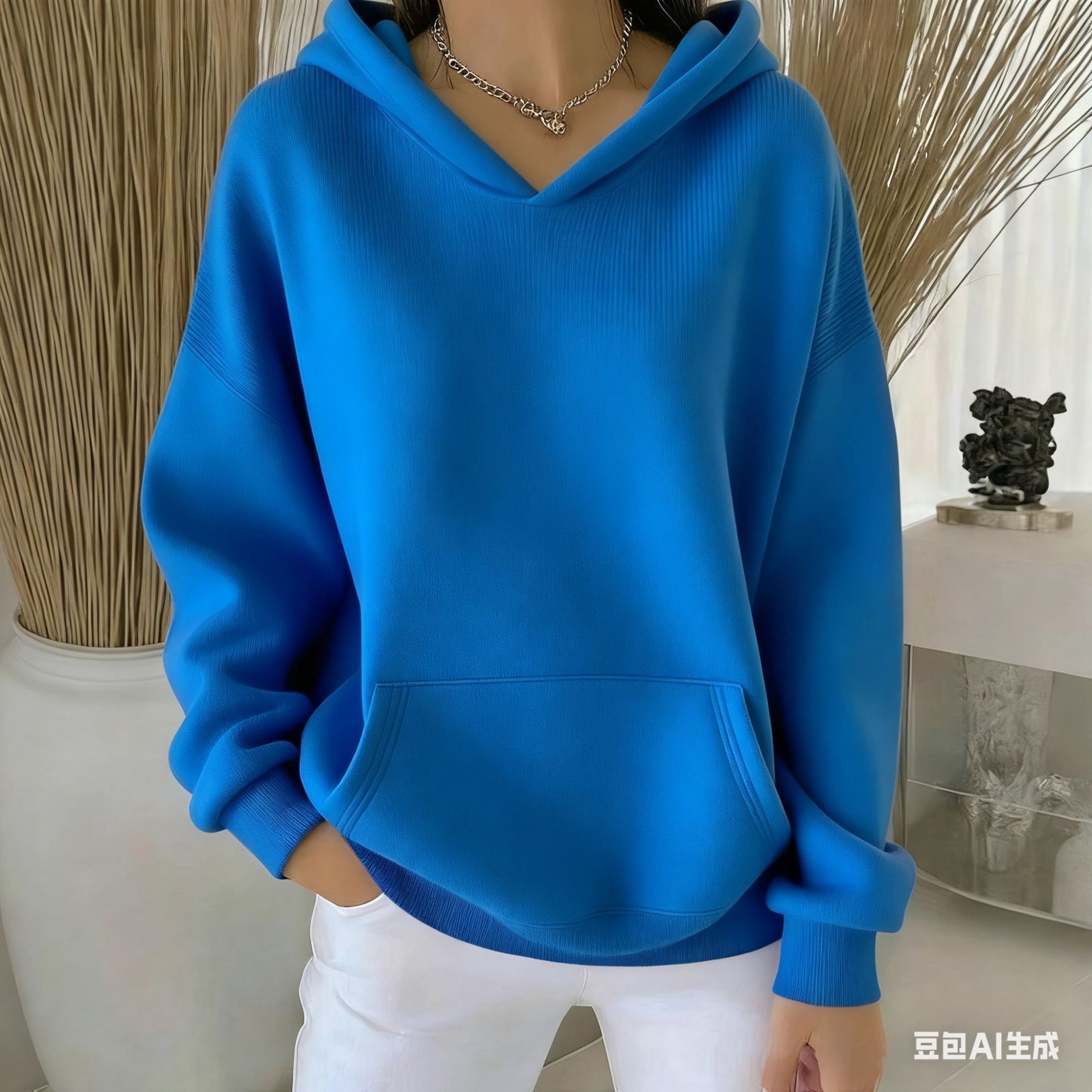 Women's Minimalist Solid Color Chunky Rib Knit Print Hoodie