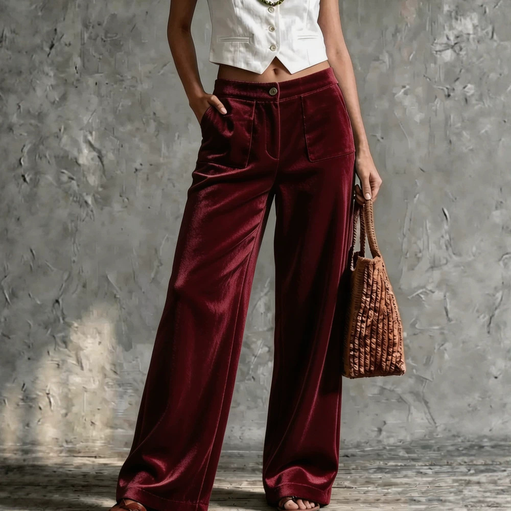 Women's Velvet High-Waist Straight-Leg Pants with Pockets