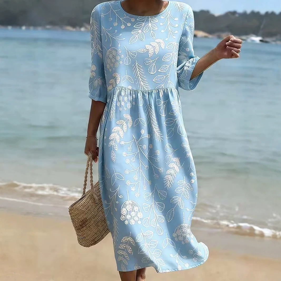 Women's Vintage Floral Print Pleated Midi Dress