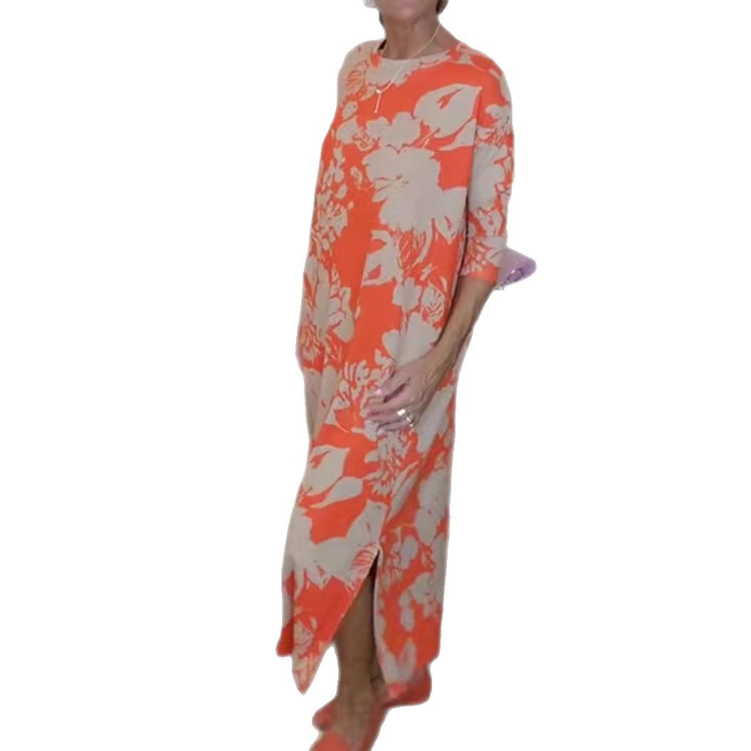Printed Round Neck Long Sleeve Maxi Dress