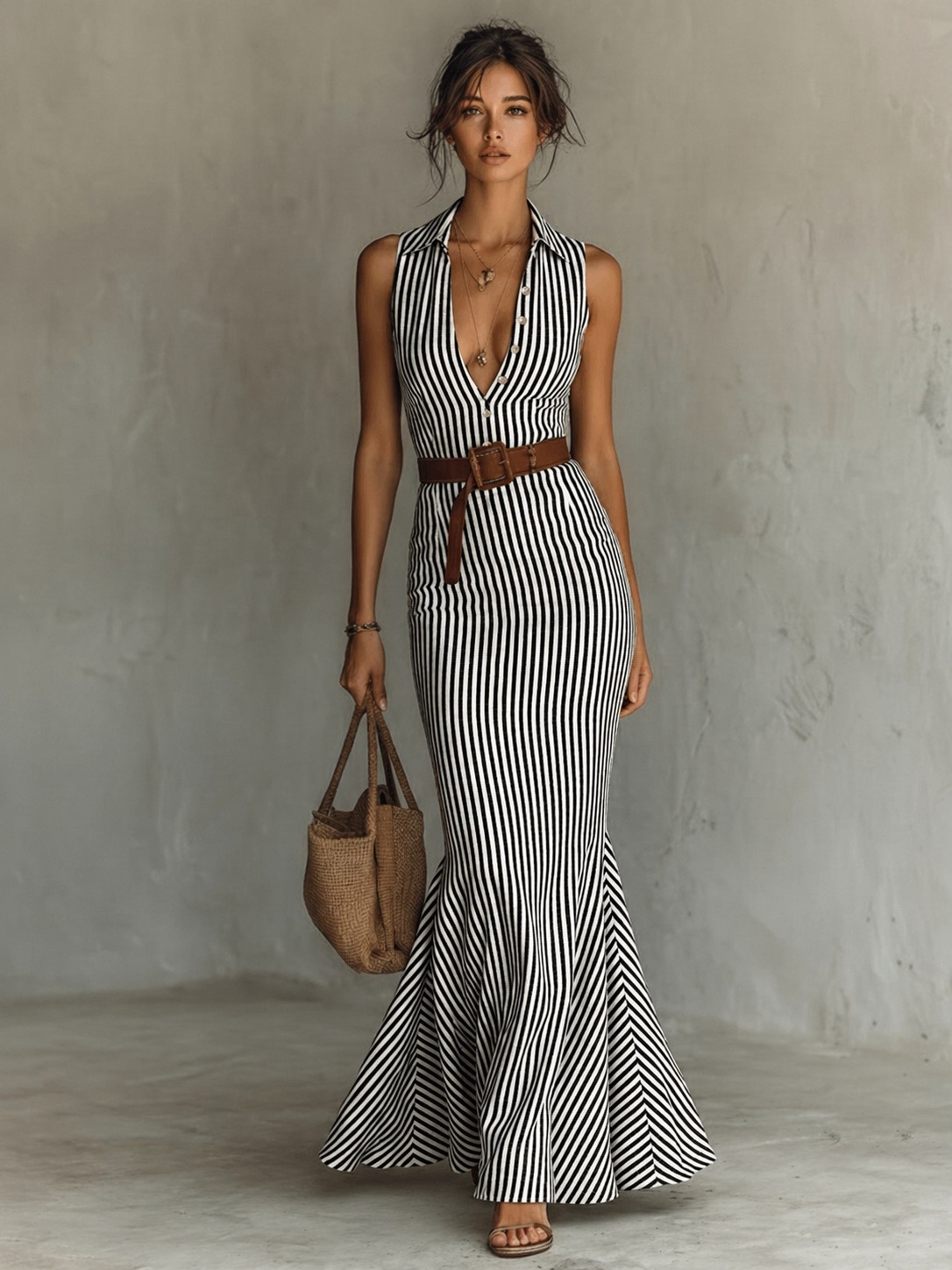Striped V-Neck Sleeveless Long Dress with Belt