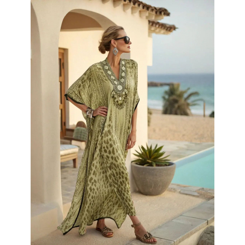 Women's Polka Dot & Solid Print Midi Dress, Slim Fit Deep V-Neck Half Sleeve