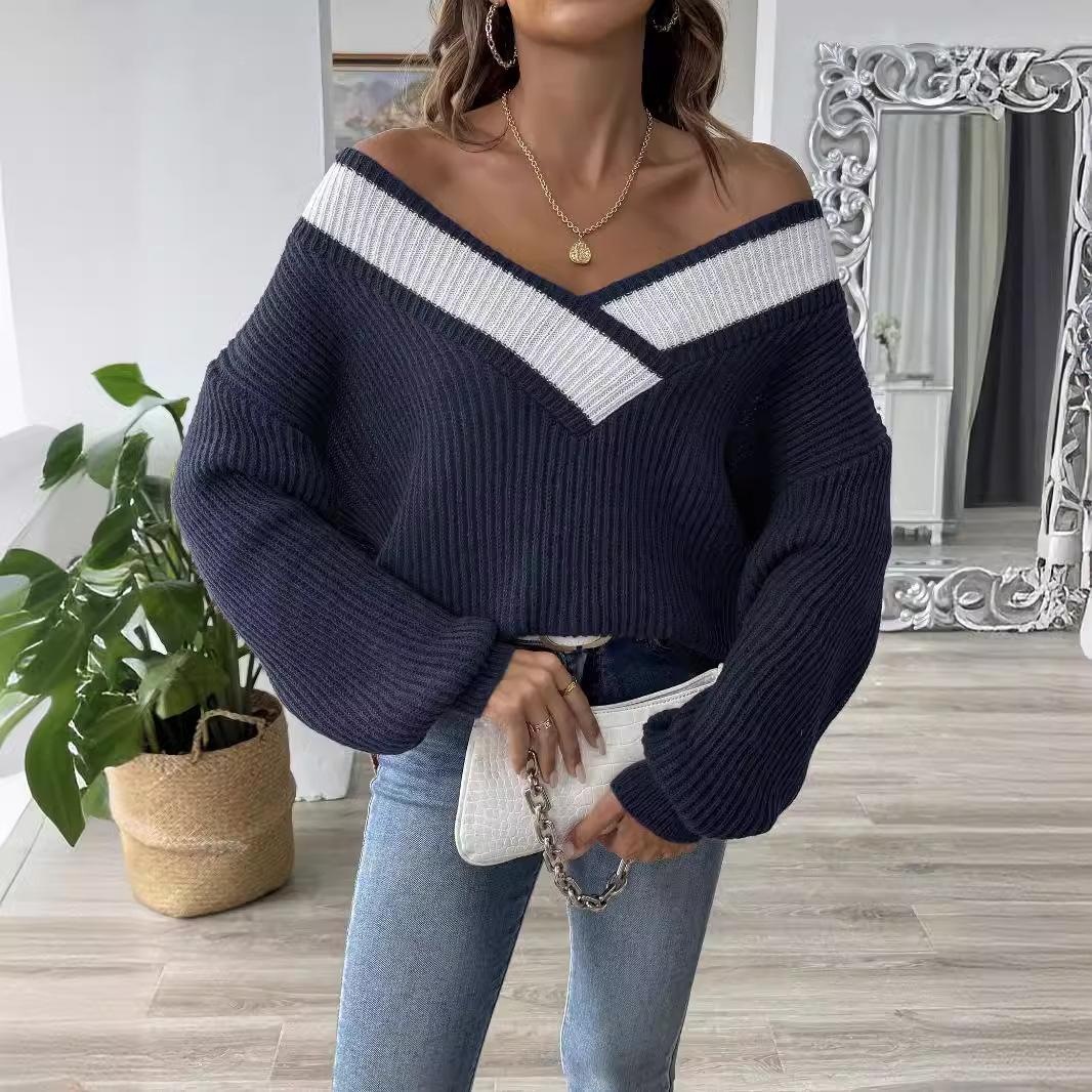 Color-Block V-Neck Loose Knit Pullover Sweater