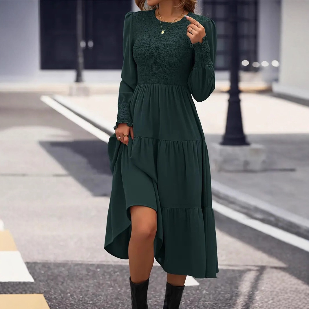 Elegant Ruffle Cuff Dress Solid Crew Neck A-Line Midi Dress