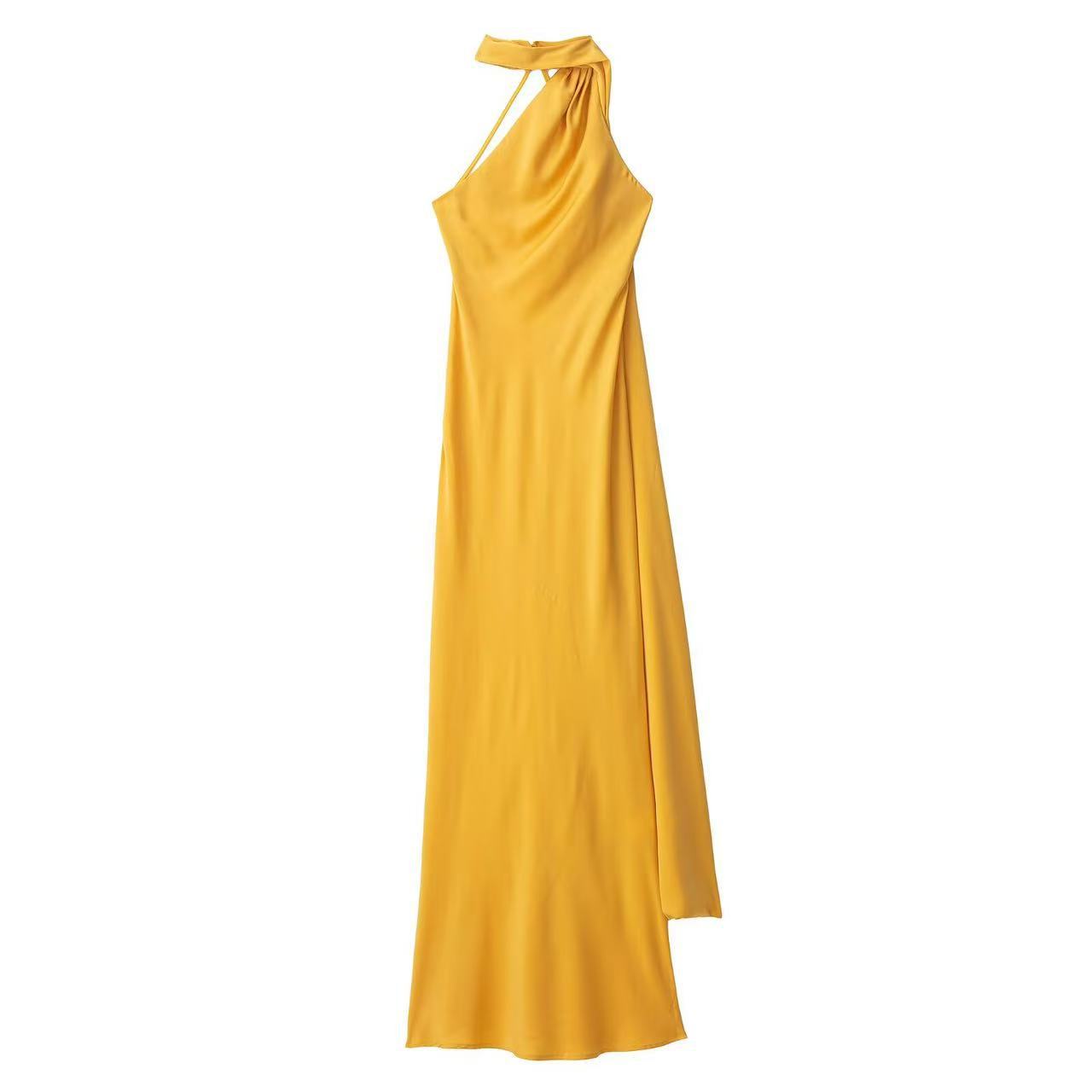 Women's Slim Fit Halter Neck Cutout Midi Dress with Ribbon Tie