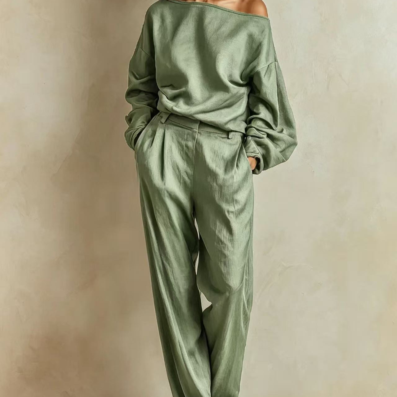 Women's One-Shoulder Long Sleeve Top and Pants Set