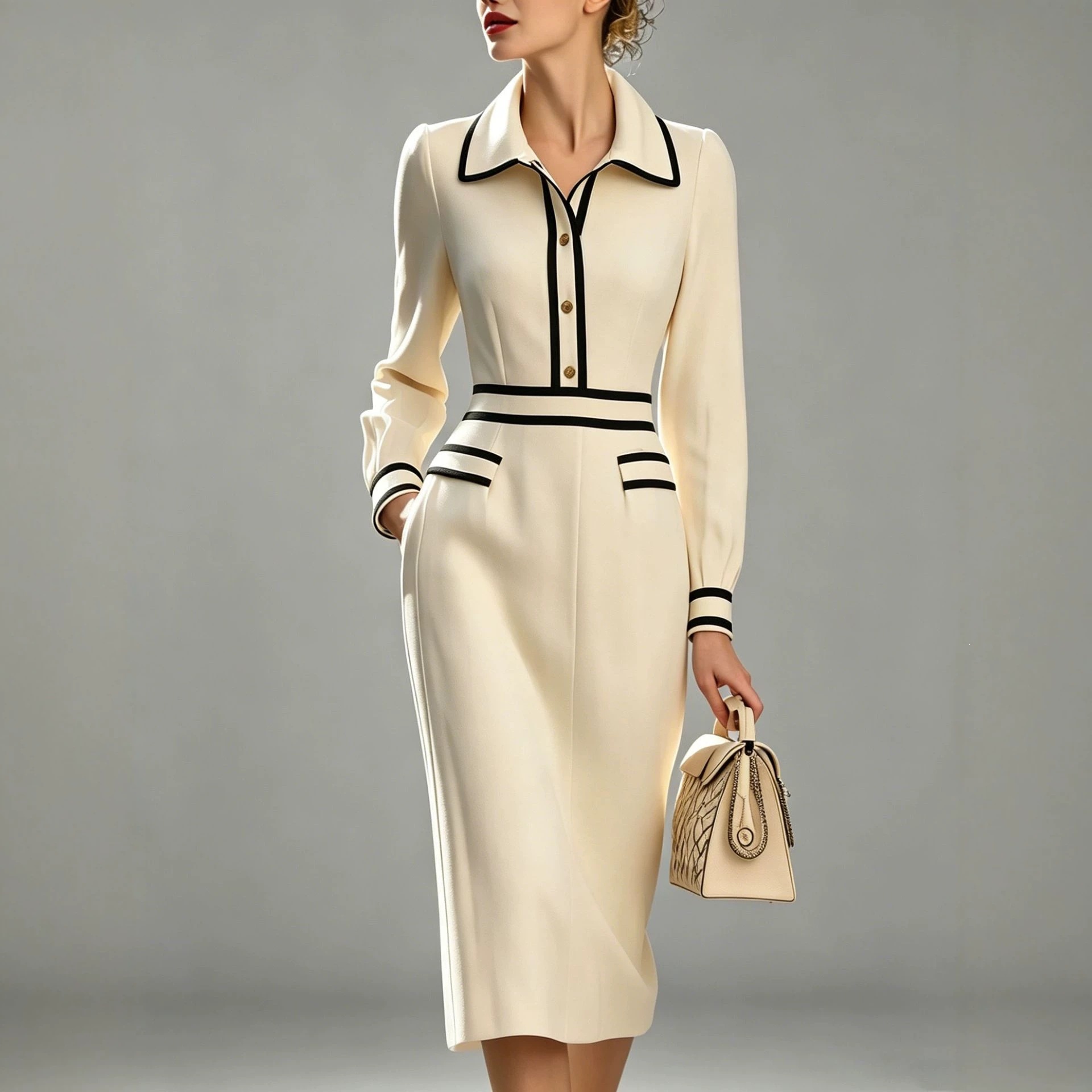 Color-Block Waist-Cinching Midi Dress with Lapel Collar
