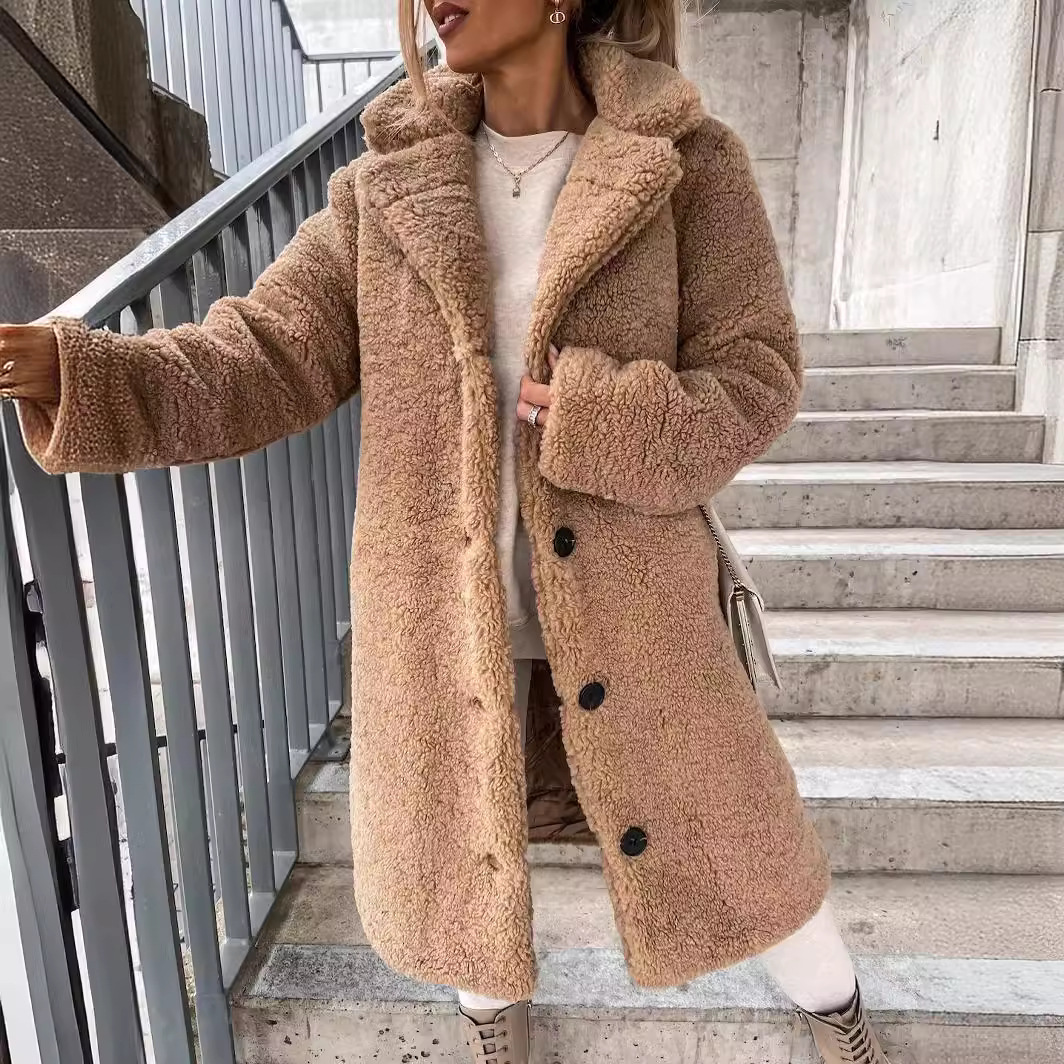 Faux Fur Long Sleeve Collared Fleece Top Long Coat