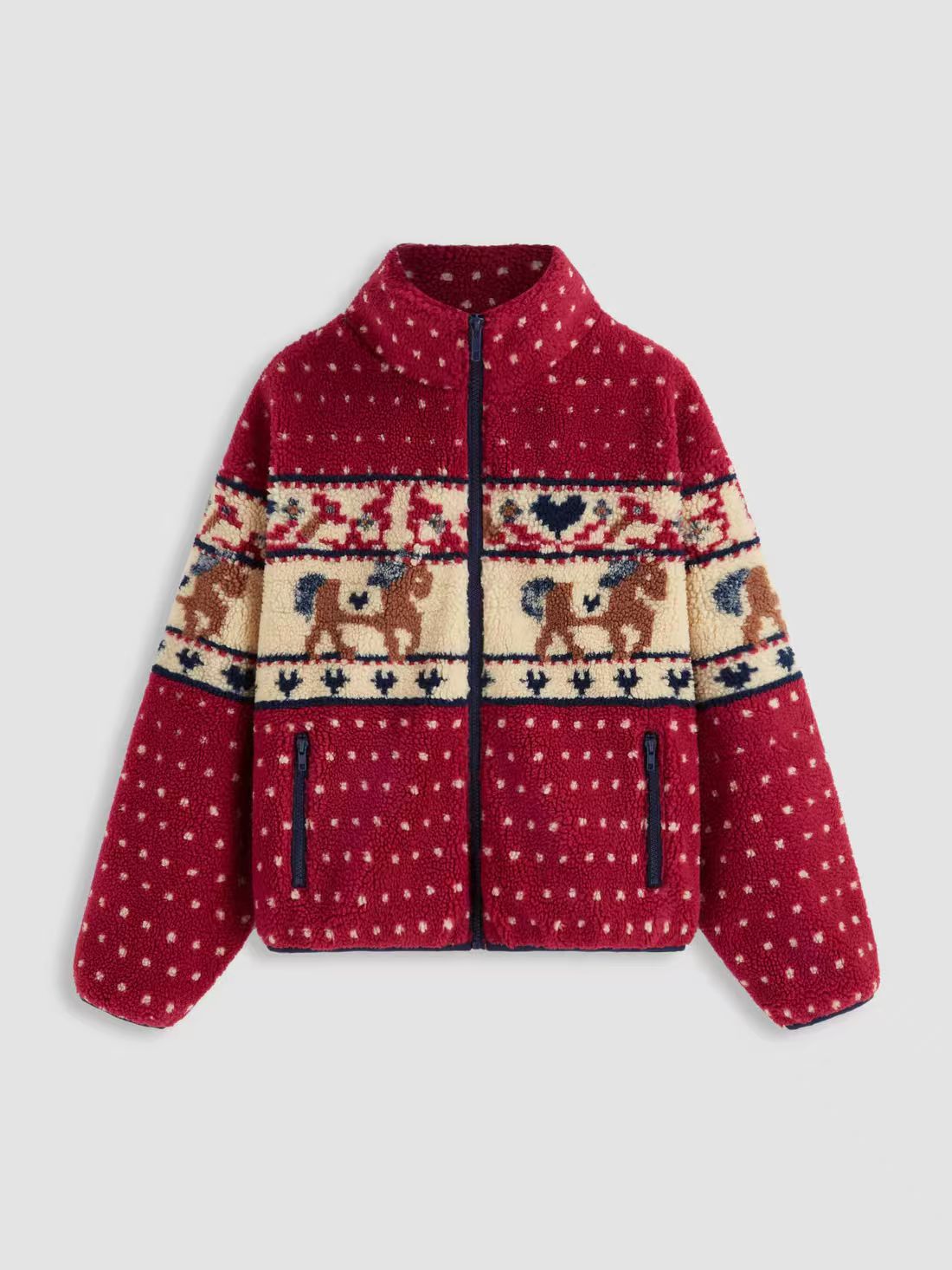 Christmas Snowflake Moose Zip-Up Long Sleeve Pocket Wool Coat