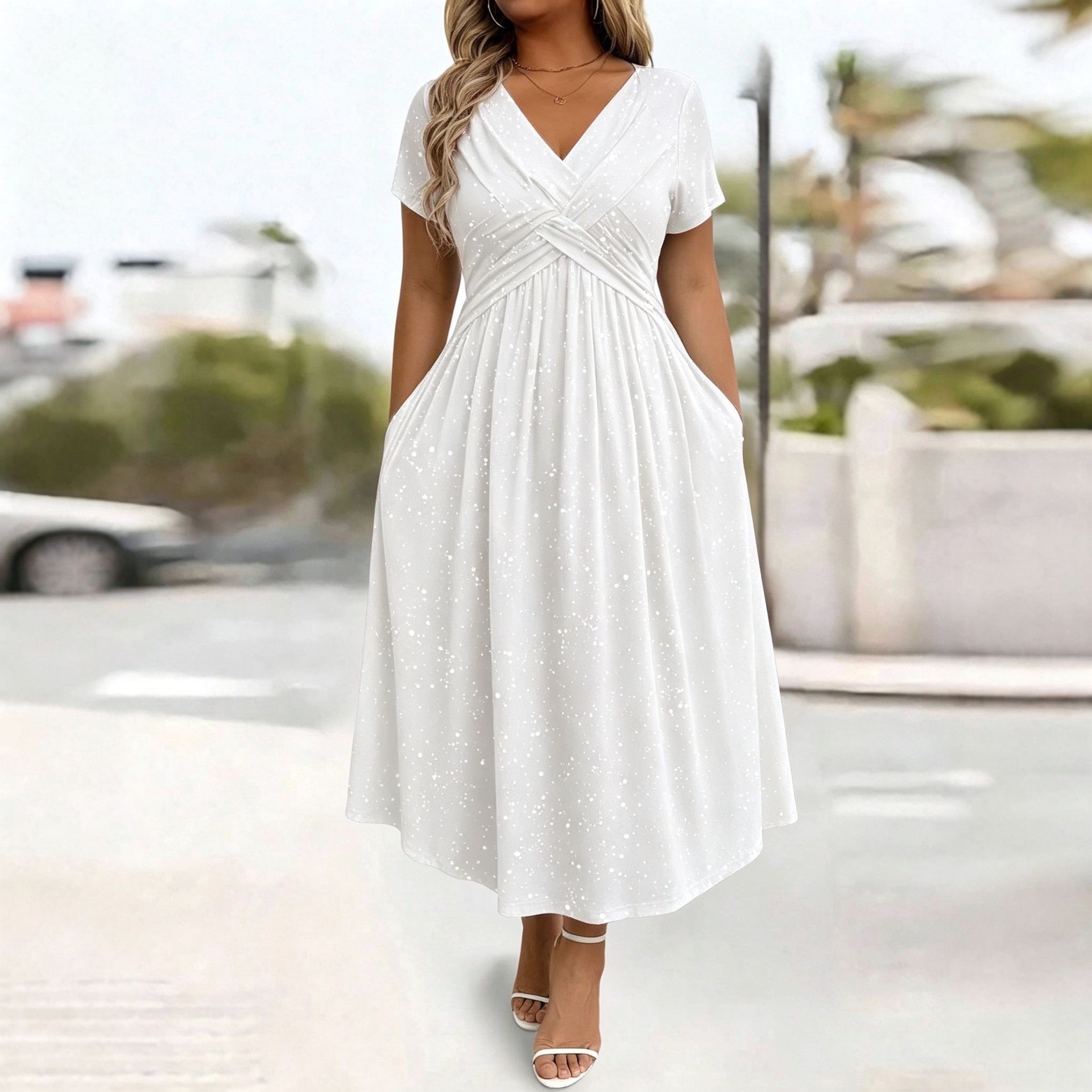Sparkling V-Neck Short Sleeve Fitted Midi Dress