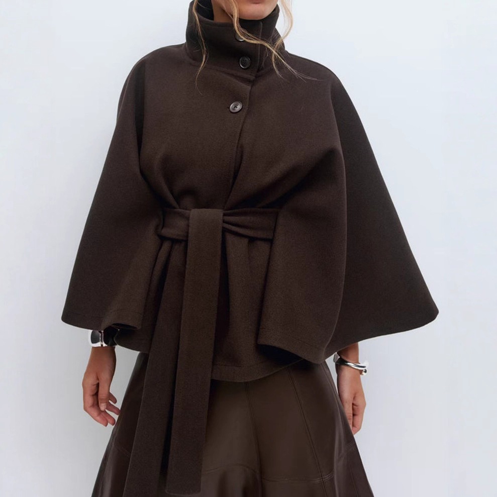 Women's Solid Color Cape-Style Trench Coat with Stand Collar, Button and Belt