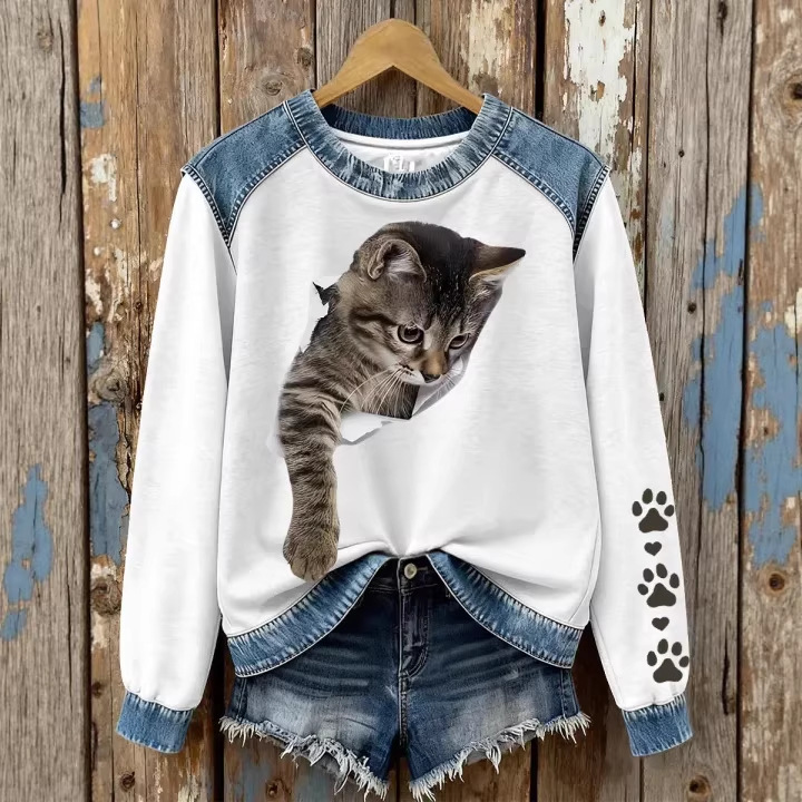 Women's Striped Paw Print Tribal Graphic Crewneck Sweatshirt