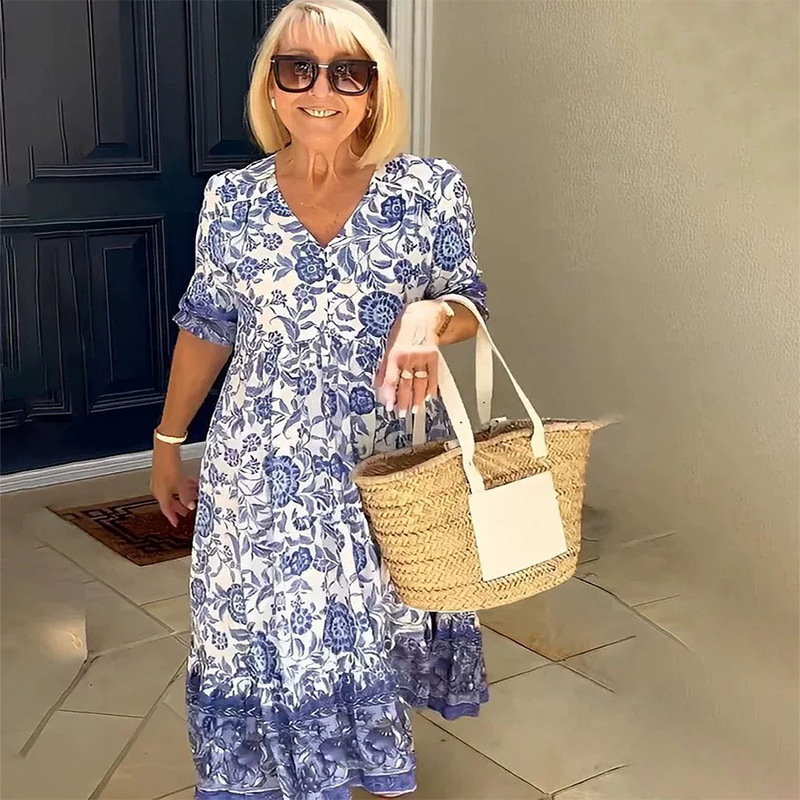 Women's Plus Size Floral Tie-Dye Print Loose Midi Dress V-Neck Half Sleeve