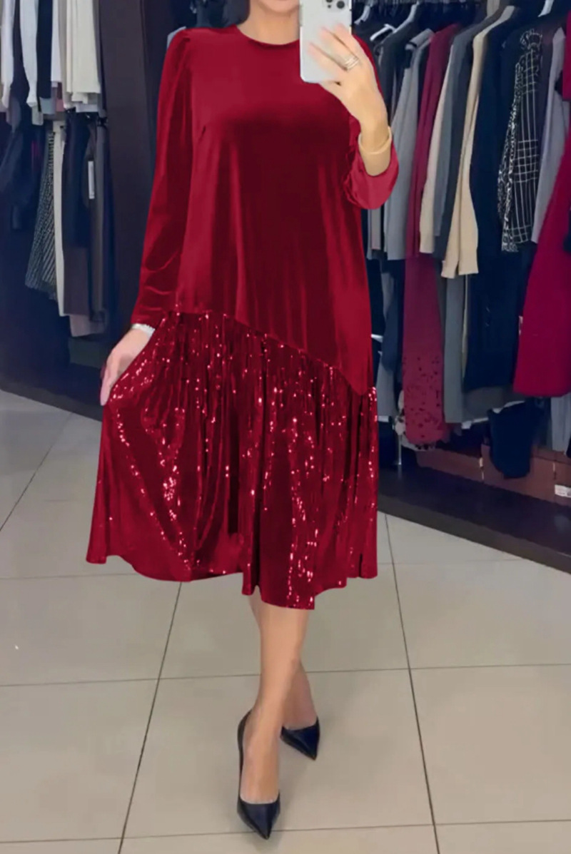 Solid Crewneck Long Sleeve Sequin Hem Dress