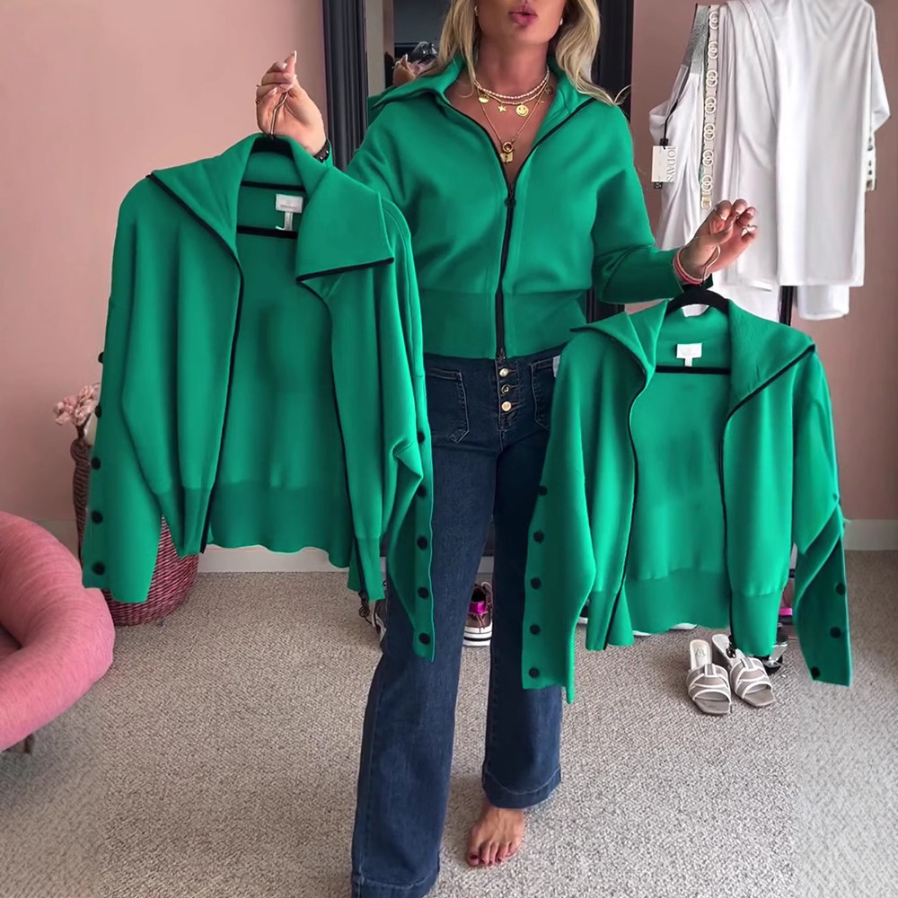 Women's Solid Color Button Lapel Zip Long Sleeve Jacket