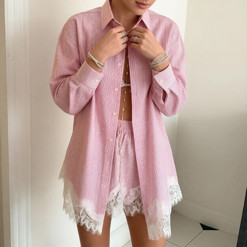 Women's Casual Solid Lace Spliced Shorts Set Long Sleeve Cardigan Two-Piece