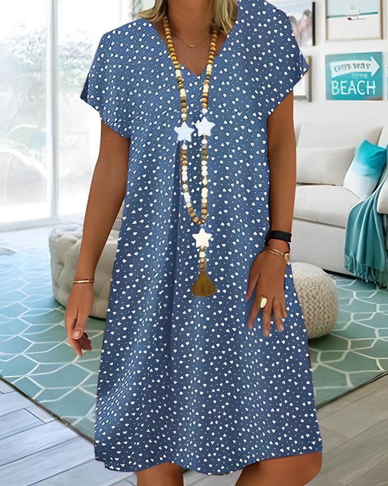 Casual V-Neck Short Sleeve Polka Dot Heart Print Midi Dress
