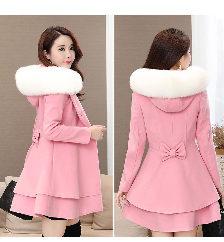 Women's Color-Block Faux Fur Collar Wool Coat Slim Fit