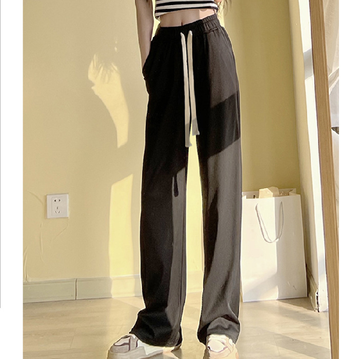Women's High-Waist Wide-Leg Pants Ice Silk Thin Draped Straight Casual