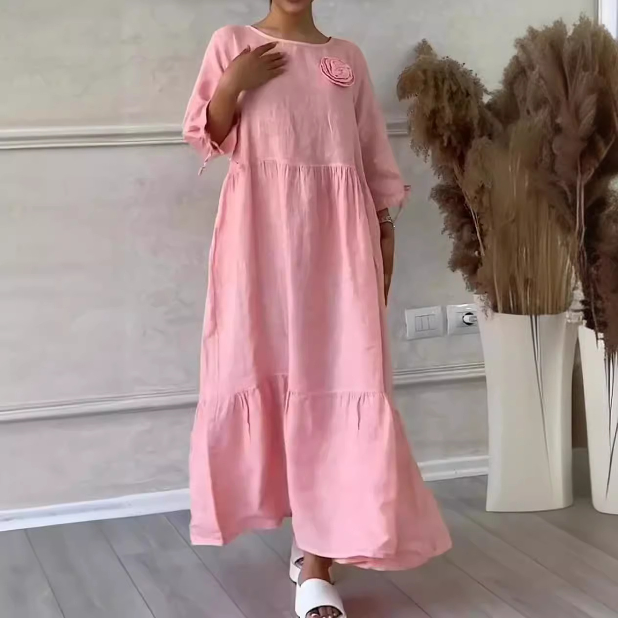 Women's Round Neck Ruched Long Sleeve Drawstring Back Tie Solid Casual Dress