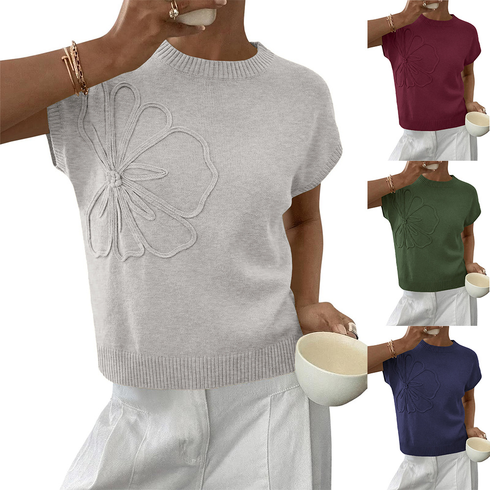 Women's Floral Jacquard Knit Short Sleeve Sweater