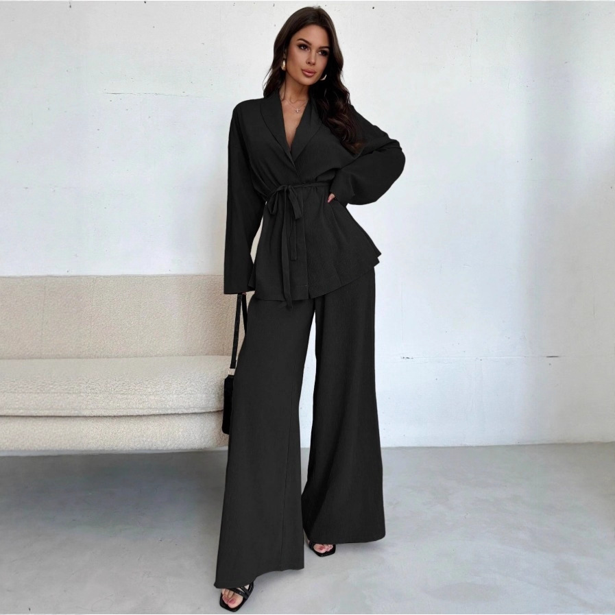 V-Neck Long Sleeve Wide-Leg Pants Set
