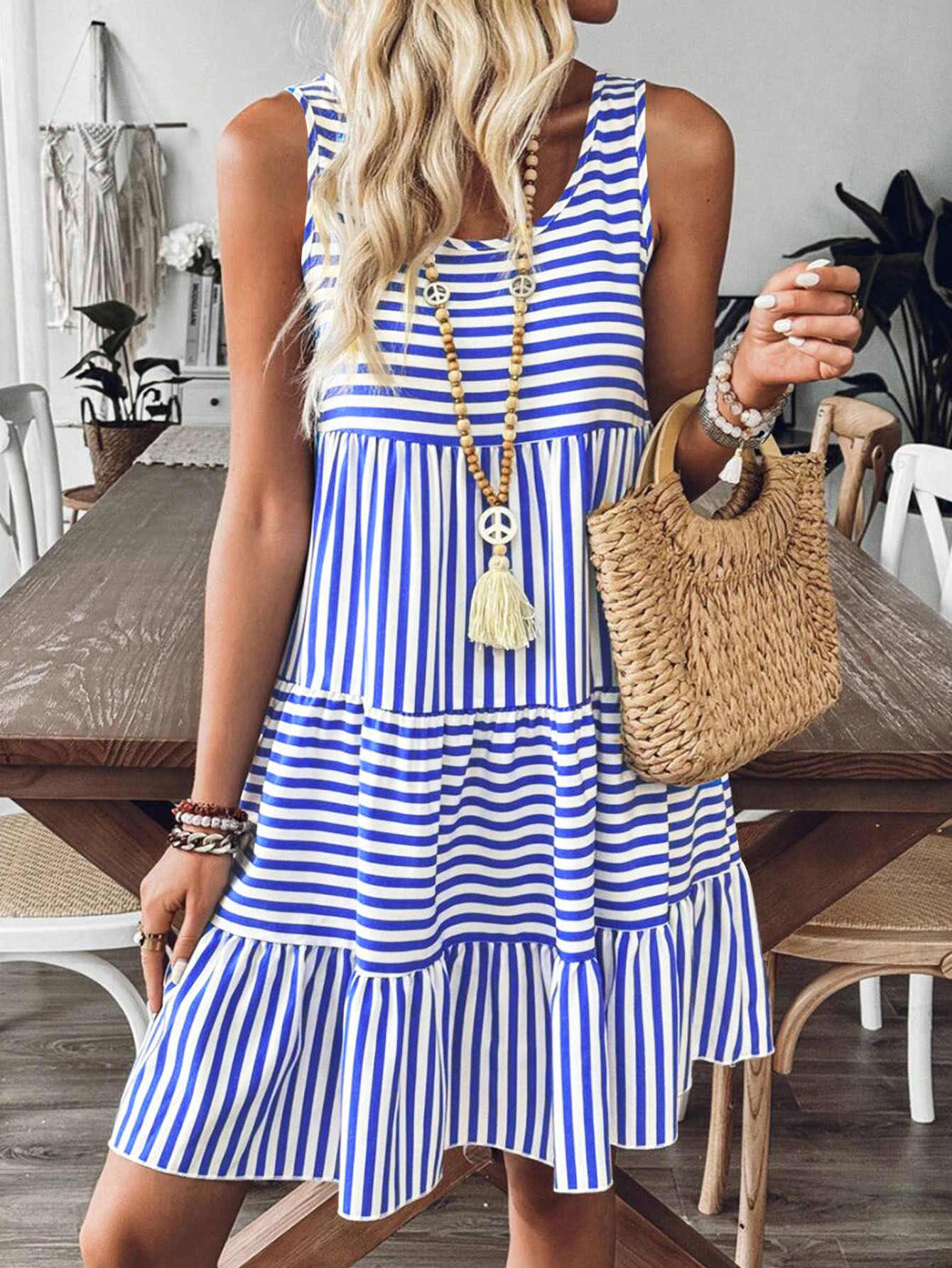 Striped Print Sleeveless Tank Dress Round Neck Casual Women's Dress