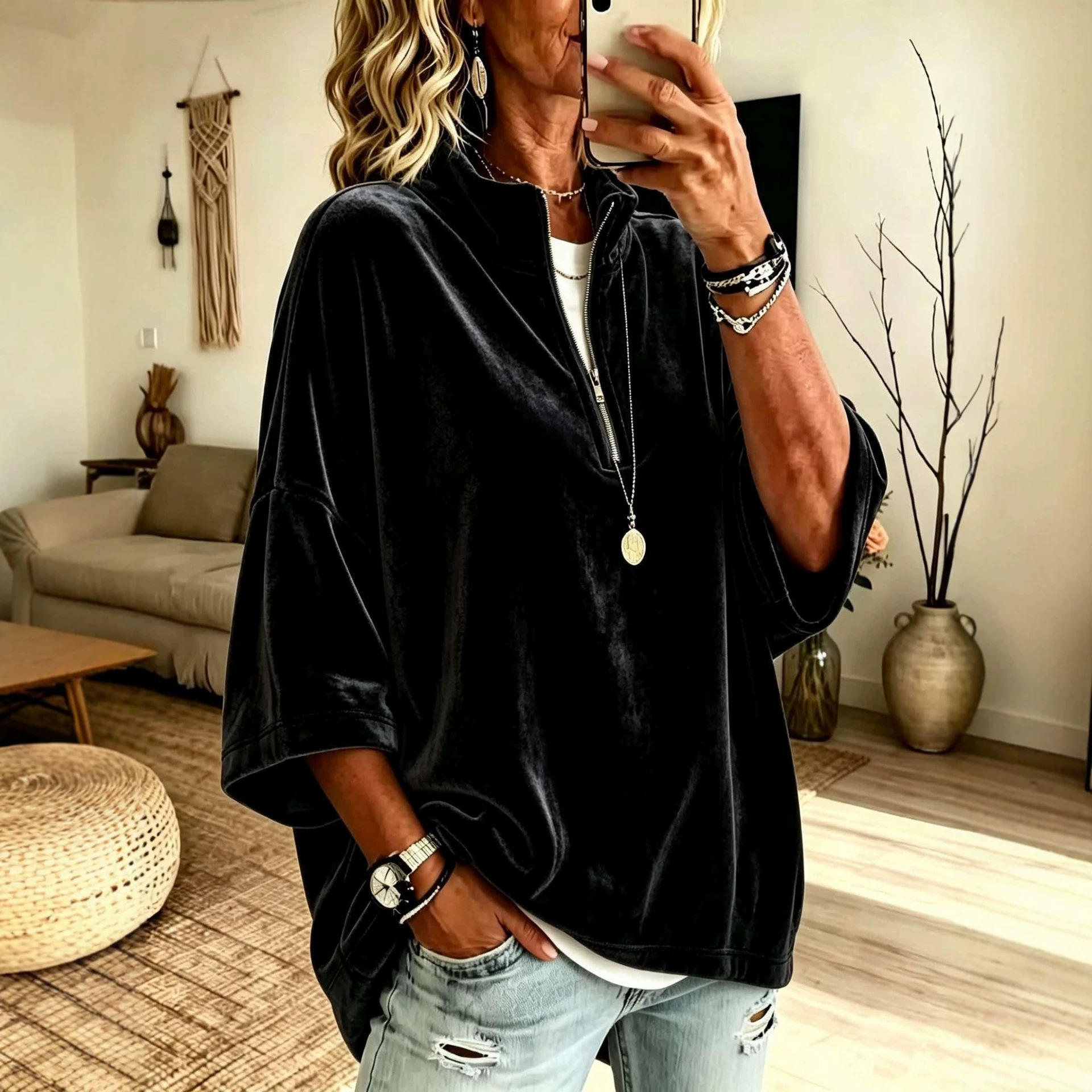Women's Velvet Turtleneck Top with 7/8 Sleeves and Zip