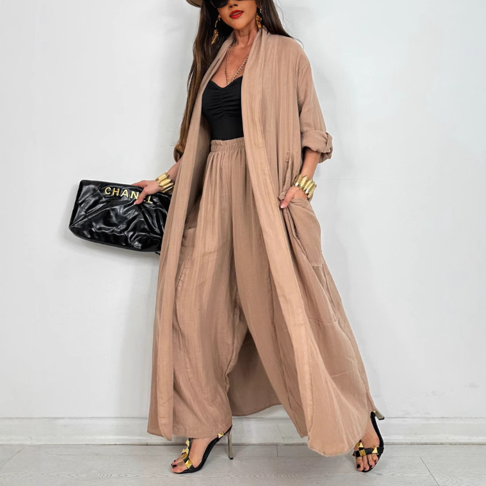 Women's Solid Color Open-Front Long Cardigan Shirt Casual Set