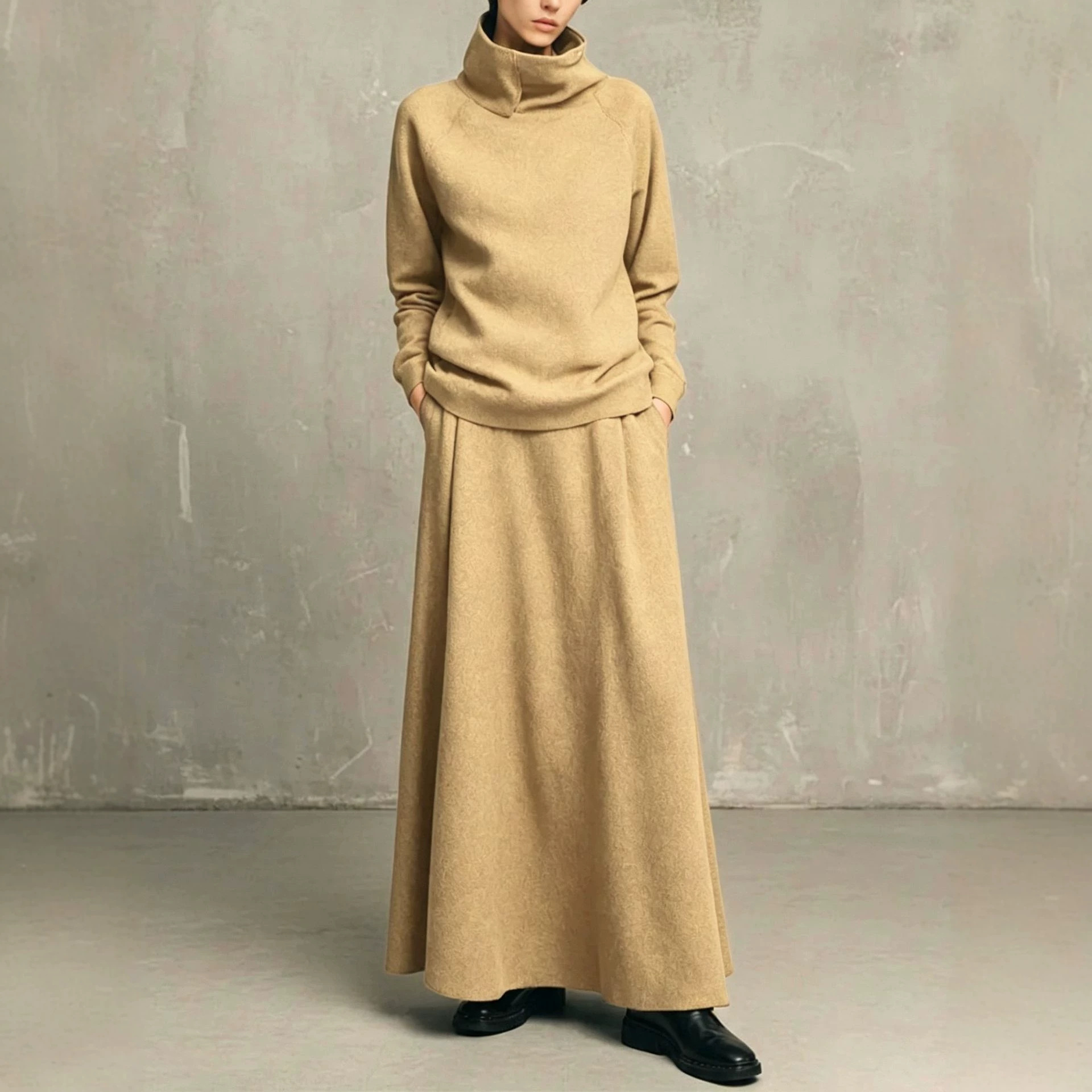 Women's Two-Piece Fleece-Lined Turtleneck Sweatshirt and Midi Skirt Set