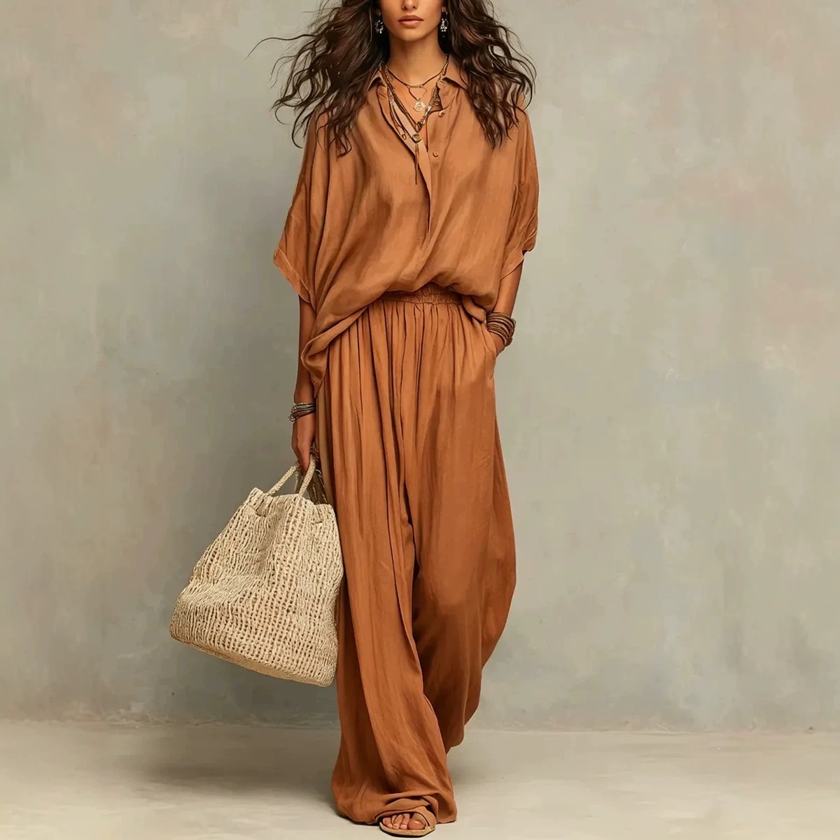 Women's Casual Cotton-Linen Shirt and Wide-Leg Pants Set