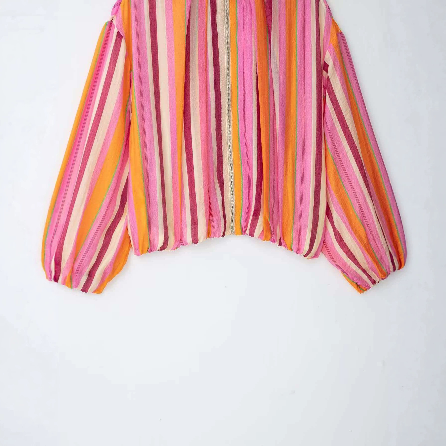 Striped Bomber Jacket Women's Casual Loose Fit Zip-Up