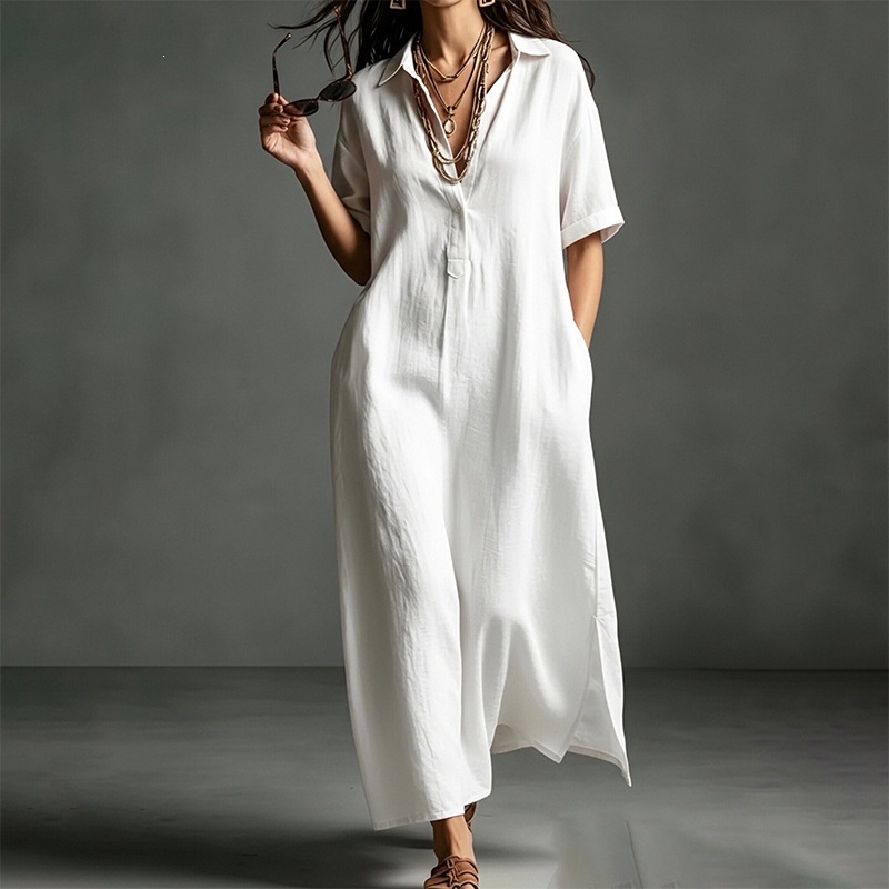 Women's Casual Solid Color Short Sleeve Collared Long Dress