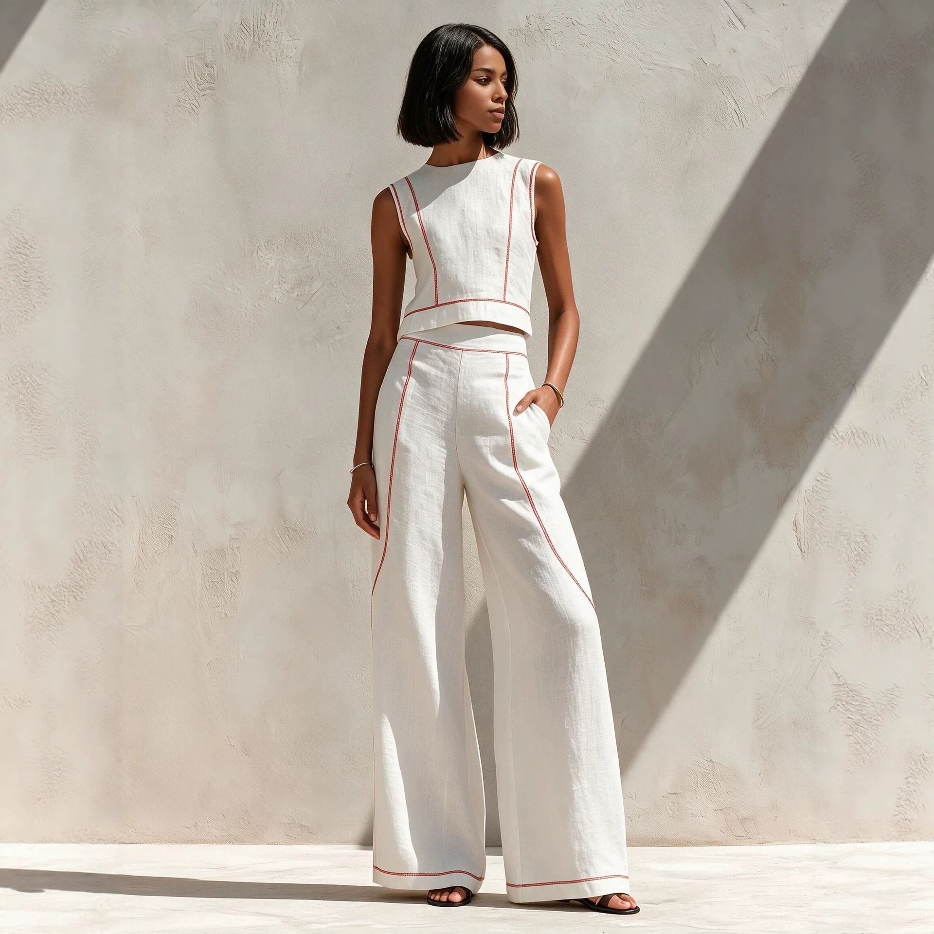 Sleeveless Color-Block Wide-Leg Pants Set Women's Casual Two-Piece