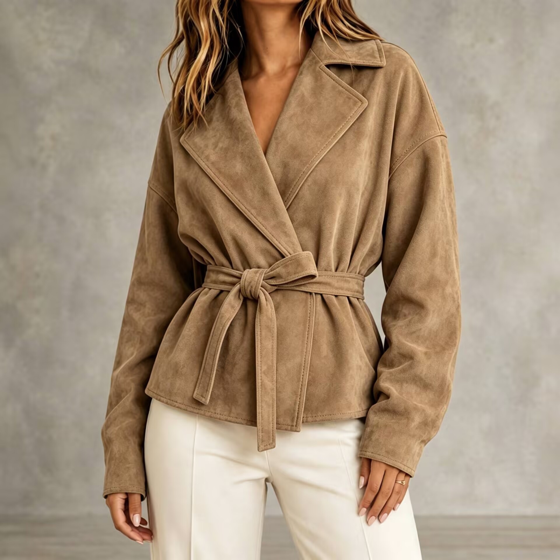 Faux Suede Belted Short Jacket with Lapel Collar