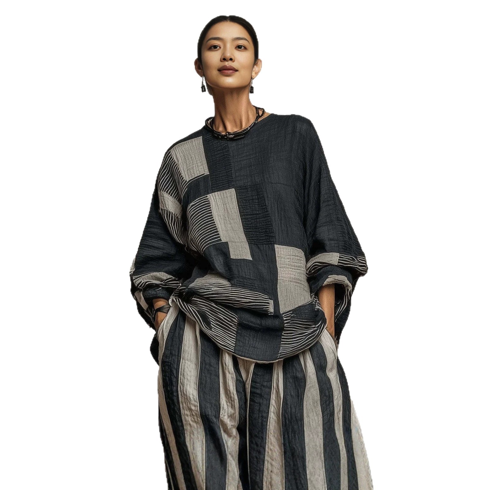 Striped Plaid Lazy Style Cotton-Linen Top and Pants Set
