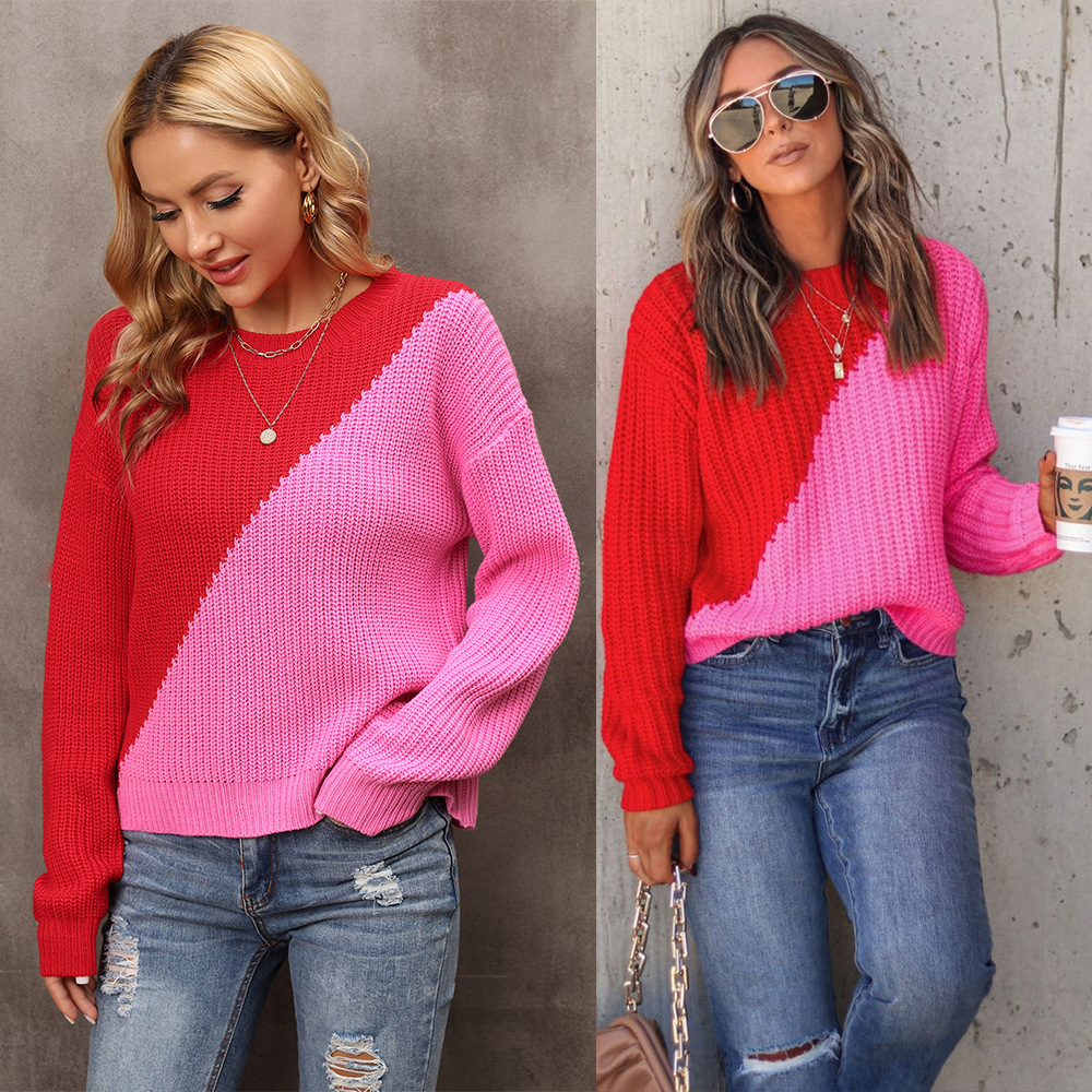 Women's Color-Block Pullover Sweater Rose Red Loose Knit