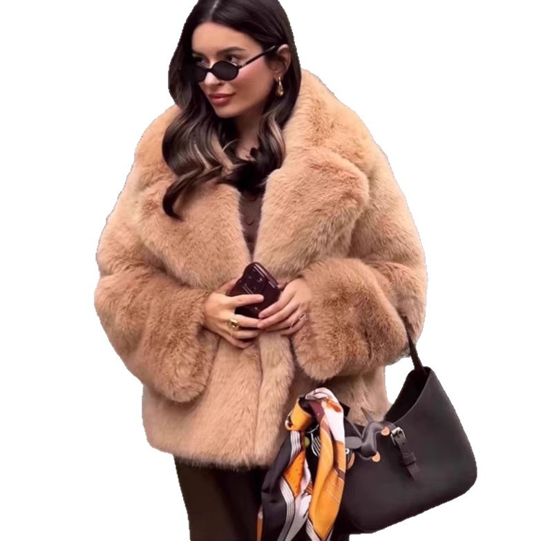 Faux Fur Lapel Coat with Belt Short Length