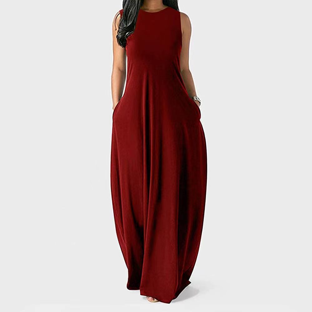 Solid Crewneck Sleeveless A-Line Midi Dress with Pockets