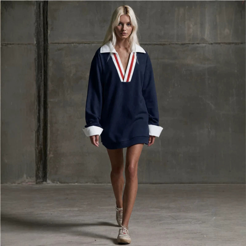Retro Colorblock V-Neck Long Sleeve Mini Dress