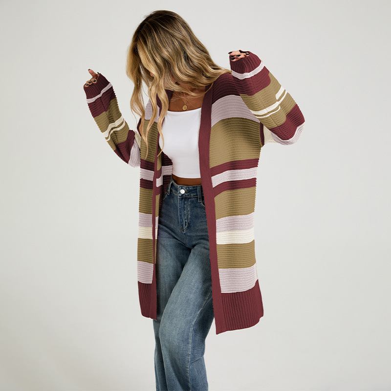 Color-Block Slit Long-Sleeve Cardigan Knit Sweater