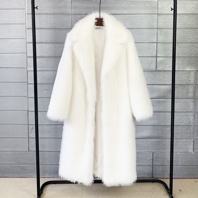 Women's Long Faux Fur Trench Coat with Blazer Collar