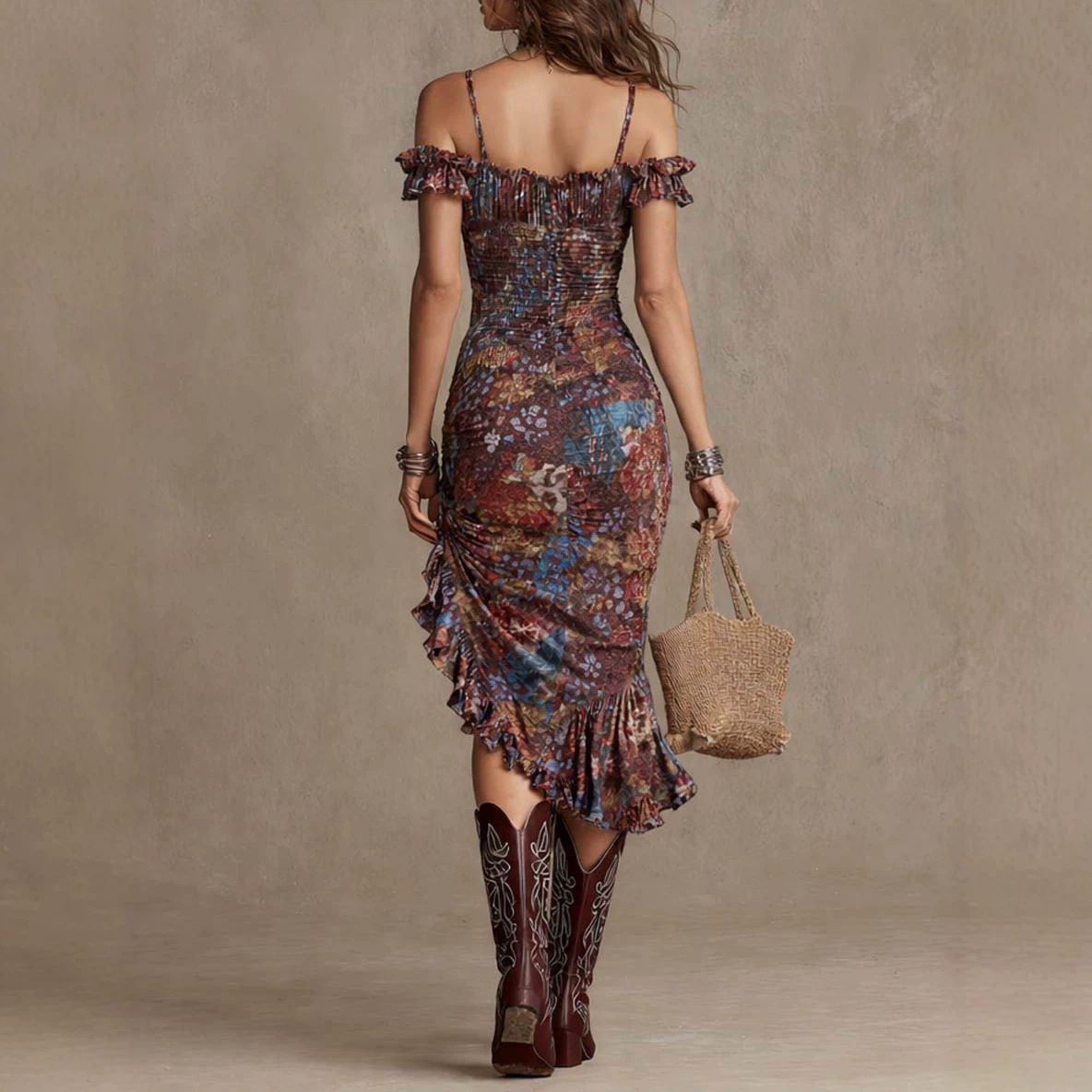 Off-Shoulder Waist-Cinched Ruffle Print Maxi Dress
