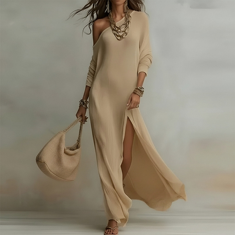 Elegant One-Shoulder Slit Solid Color Long Dress